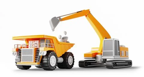 Excavator loading rocks on mining dump truck 3d render. Heavy industrial Illustrazione stock