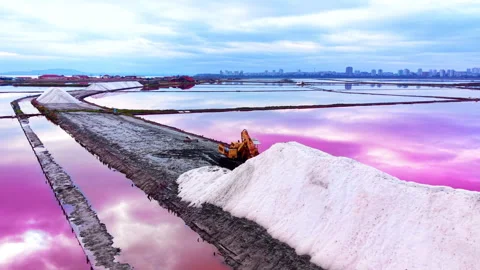 Excavator loading salt beside pink evaporation pond, Bulgaria 스톡 동영상 340405044