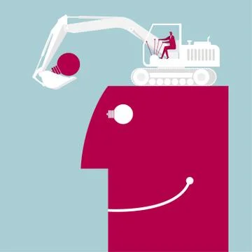The excavator loads the light bulb. On the head.The background is blue. Stock Illustration