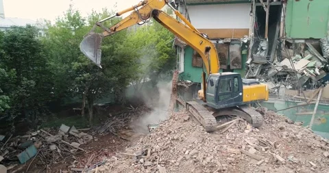Excavator machine at demolition on construction site Stock Footage 131397439