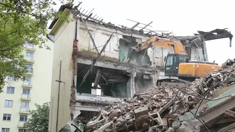 Excavator machine at demolition on construction site Stock Footage 131397811