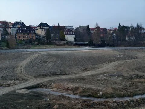 Excavator Modifies Riverbed Before Development. Sediment Removal And Bank A.. Fotos Stock