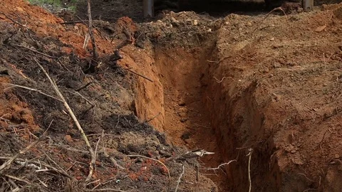 Excavator operating and digging soil for new electricity line. Stock Footage 81418729