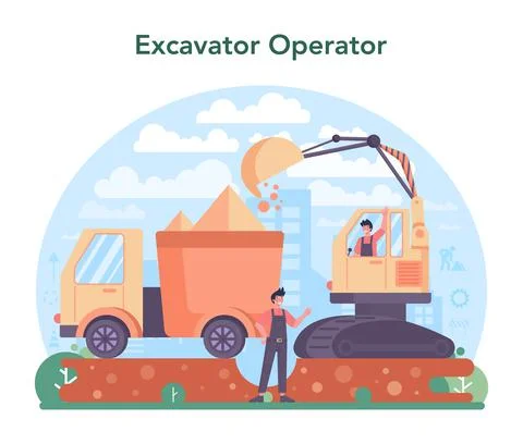 Excavator operator concept. Industrial builder at the construction site. Illustrazione stock