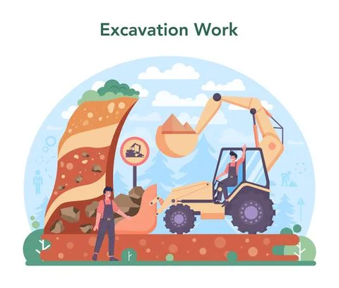 Excavator operator concept. Industrial builder at the construction site. Illustrazione stock