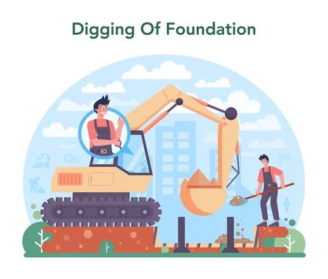 Excavator operator concept. Industrial builder at the construction site. Stock Illustration