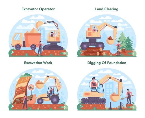 Excavator operator concept set. Industrial builder at the construction site. Illustrazione stock