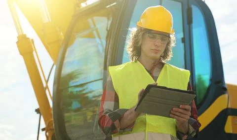 Excavator operator in hard hat using tablet pc. Foto stock