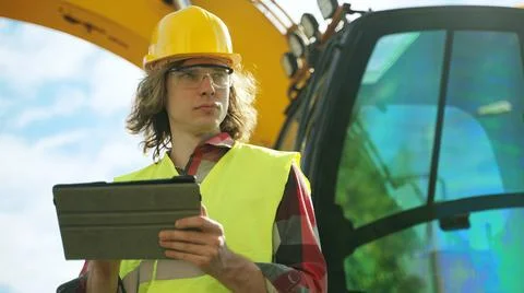 Excavator operator in hard hat using tablet pc. Foto stock