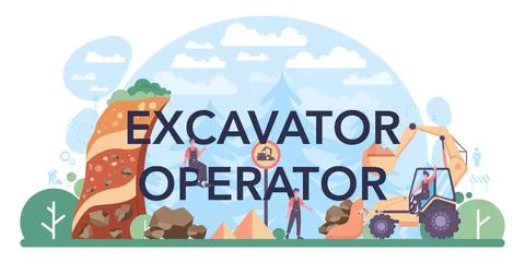 Excavator operator typographic header. Industrial builder or driver excavating イラスト素材