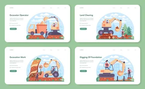 Excavator operator web banner or landing page set. Industrial builder Stock Illustration