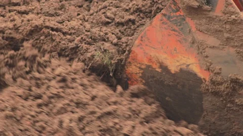 The excavator plans the soil with a bucket for leveling the landscape, industry Video stock 265599812