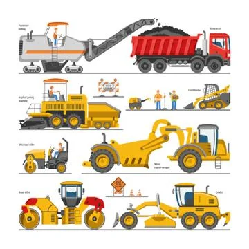 Excavator for road construction vector digger or bulldozer excavating with Stock Illustration