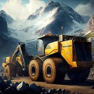 Excavator scooping rocks, stone construction, Made by AI Stock Illustration