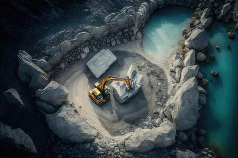 Excavator scooping rocks, stone construction, Made by AI Stock Illustration