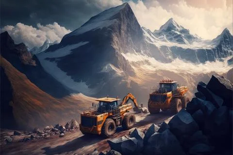 Excavator scooping rocks, stone construction, Made by AI Stock Illustration