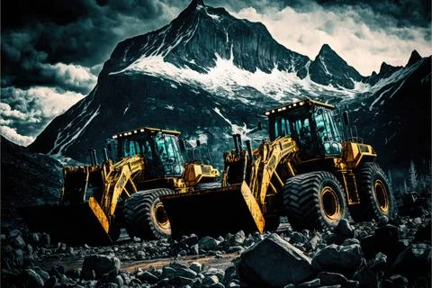 Excavator scooping rocks, stone construction, Made by AI Stock Illustration
