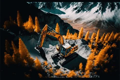 Excavator scooping rocks, stone construction, Made by AI Stock Illustration