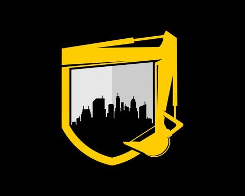 Excavator with shield shape and city building inside Stock Illustration