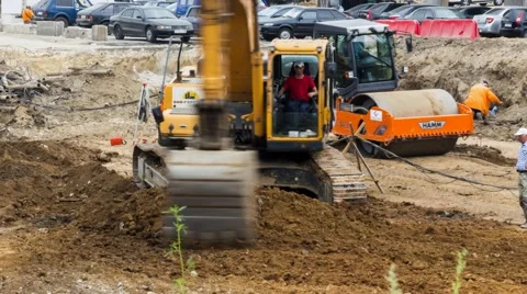 Excavator skill work on construction of new highway. Time lapse Stock Footage 65000247