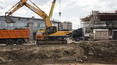 Excavator skill work on construction of new highway.Time lapse Stock Footage 65000382