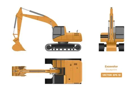 Excavator. Top, side, front view. Industrial drawing. Diesel digger blueprint Stock Illustration