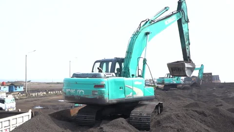 Excavator transfers palm shells from ship to truck Stock Footage 147107991