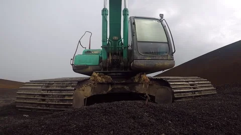 Excavator transfers palm shells from ship to truck Stock Footage 147108219