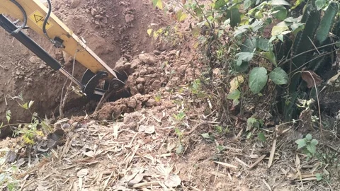 An excavator uses its bucket to dig a narrow trench for laying pipes. Stock Footage 324927796