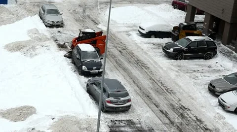 Excavator work clean winter snow block house parking lot Stock Footage 14895943