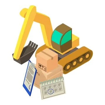Excavator work icon isometric vector. Large crawler excavator near postal parcel Stock Illustration