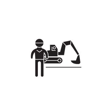 Excavator working black vector concept icon. Excavator working flat illustration Stock Illustration