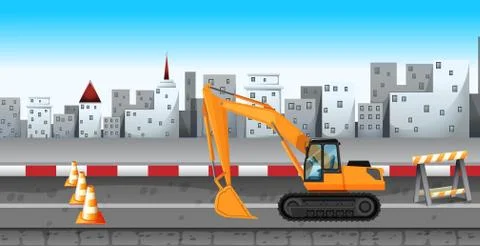 Excavator working at the road construction Stock Illustration