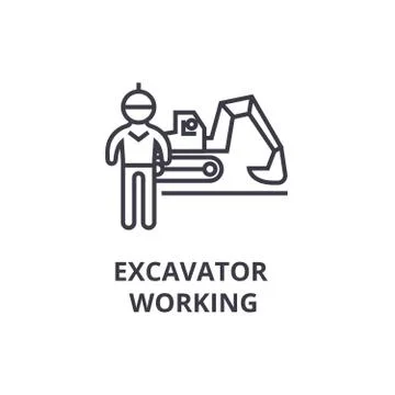 Excavator working thin line icon, sign, symbol, illustation, linear concept Stock Illustration