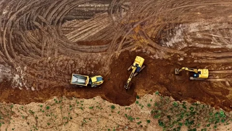 Excavators and dump truck working at Hambach mine top down aerial view Stock Footage 346581521