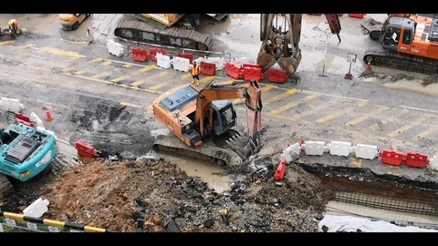Excavators are making land plots in the construction site area Stock Footage 96480903