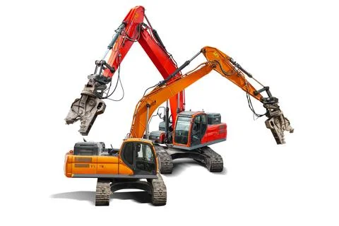 Excavators preparing for work in a construction environment with isolated d.. Stock Photos