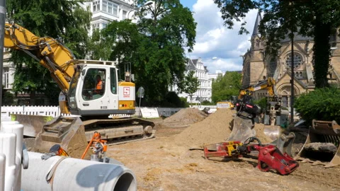 Excavators, road construction site Stock Footage 280140564