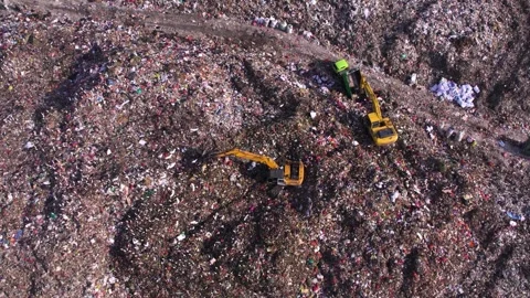 Excavators working on a massive garbage dump, thrash heap, waste management Stock Footage 295953007