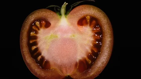 Excellent close up of slit pink tomato with stem, rotating on black background Stock Footage 74884855