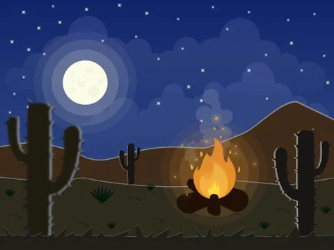 Excellent design of the night desert with fire, illustration Illustrazione stock