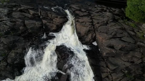 Excellent Downward Drone view flyaway of waterfall (Bracebridge, Muskoka, On Stock Footage 314233891