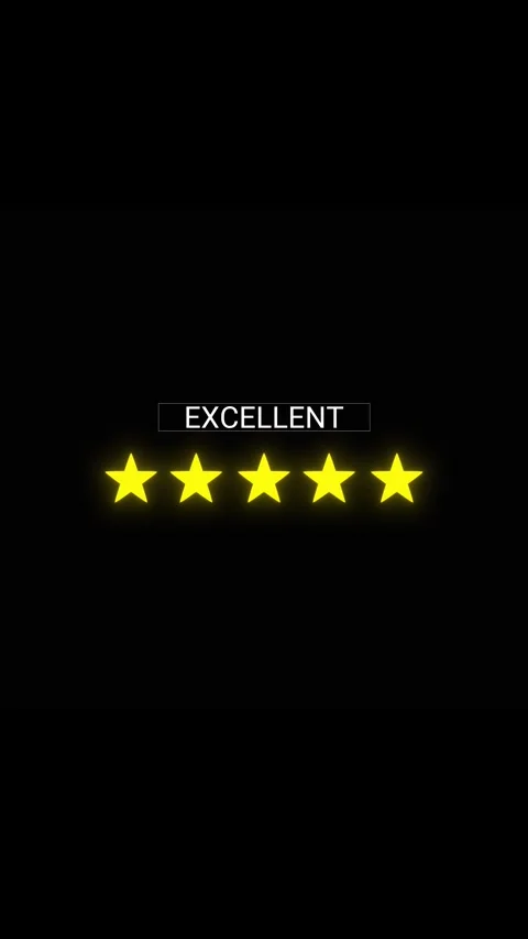 Excellent five star rating background glowing yellow stars, white review text, b Stock Footage 340479172