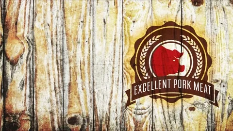 Excellent meat meat mark with cereal branches and pig head on wood scene for Stock Footage 130348106