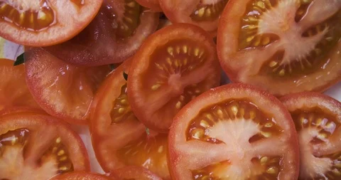 Excellent top view of sliced fresh red tomato Stock Footage 123772547