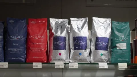 Excelsior coffee on shelf in a coffee shop. Minsk, Belarus - November 28, 2025 Vídeos de archivo 322012976