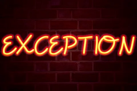 Exception neon sign on brick wall background. Fluorescent Neon tube Sign on b Stock Photos