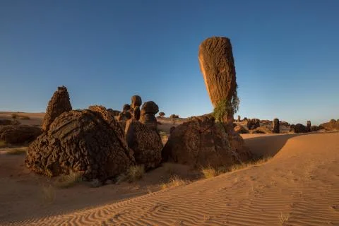 Exceptional rock formation embedded in a large dune area  The Fingers, Es Sba Stock Photos