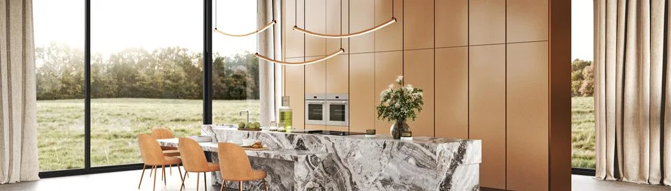 Exceptionally designed modern kitchen featuring stunning scenic views and Ilustração Stock