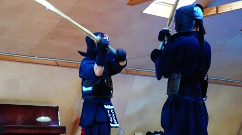 Excercise elements of the Japanese martial art of kendo doing battle. Stock Footage 66303094